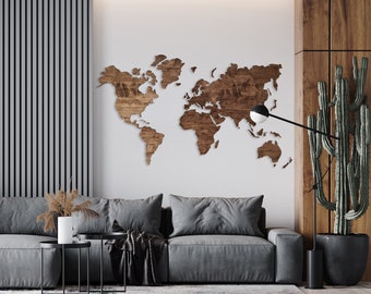 Wooden World Map Wall Art, Large Travel Decor, 5th Anniversary Gift
