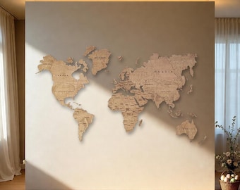 3D Wooden World Map Wall Art, Travel Push Pin Decor, Living Room Travelers Gift