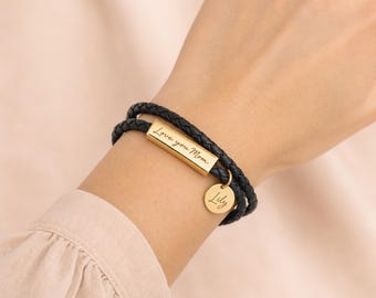 Custom Name Engraved Bracelet, Personalized Leather Wrap Bracelet with Name Charm, Braided Bracelet Gift