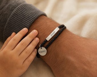 Custom Engraved Bracelet for Dad, Personalized Leather Bracelet, Father's Day Gift from Son Daughter, Braided Charm