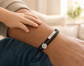 Personalized Leather Bracelet, Custom Engraved Name Bracelet for Men, Braided Wrap Bracelet with Charm, Gift for Him