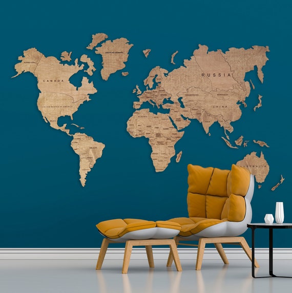 Carte du monde en bois art mural, carte du monde push pin, carte