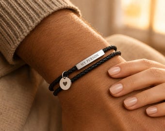 Engraved Leather Bracelet for Him, Personalized Custom Name Bracelet, Braided Wrap Bracelet with Charm, Men's Gift