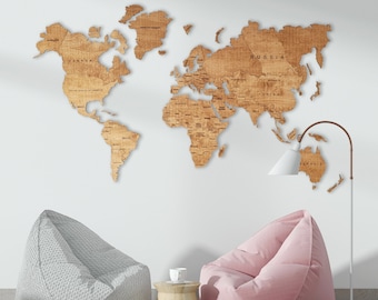 Wooden World Map Wall Art, Home Decor, Geography Gift