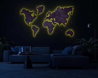 Mapa del mundo de madera con retroiluminación LED: decoración de pared 3D para viajes, hecha a mano.