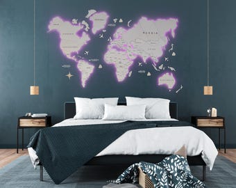 Mapa del mundo moderno de madera con LED: Arte mural de viaje iluminado en 3D para el hogar o la oficina.