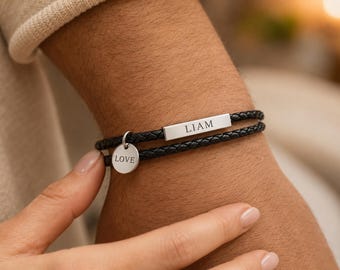 Engraved Message Bracelet for Him, Custom Quote Leather Bracelet, Personalized Word Bracelet with Charm