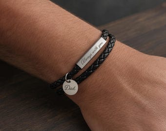 Personalized Gift Bracelet for Him, Custom Engraved Leather Bracelet, Braided Wrap Bracelet with Name Charm