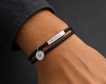 Birthday Gift Bracelet for Him, Custom Engraved Leather Bracelet, Personalized Name Bar and Charm