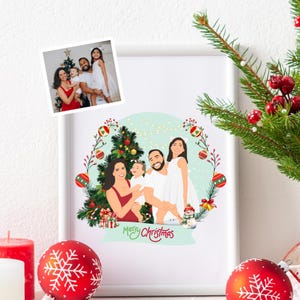 Portrait de famille personnalisé pour cartes de vœux, cadeau de Noël personnalisé, art numérique dessiné à la main à partir d'une photo