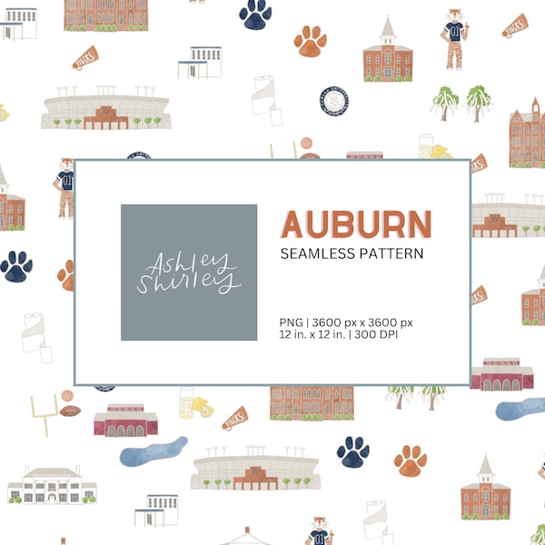 Auburn University Seamless Pattern | White |  Surface Design | Personal Use or Commercial Use with a License | Paper, Clip Art, etc