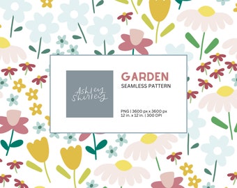 Garden Florals Seamless Pattern | Surface Design | Colorful | Personal Use or Commercial Use with a License | Paper, Clip Art, Backgrounds
