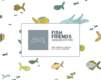 Fish and Friends Seamless Pattern | Blue Green Yellow |  Surface Design | Personal Use or Commercial Use with a License | Paper, Clip Art