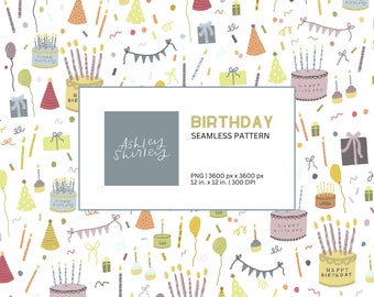 Birthday Seamless Pattern | Surface Design | Colorful | Personal Use or Commercial Use with a License | Paper, Clip Art, Invitations, Etc.