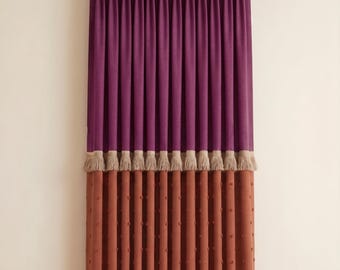Purple Terracotta Linen Curtain | Hand Sewn Pom Pom Fringe Tassel Drape