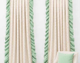 Cream Linen Ruffled Curtains, Sage Green Velvet Border, Tufted Pom Pom Window Panel