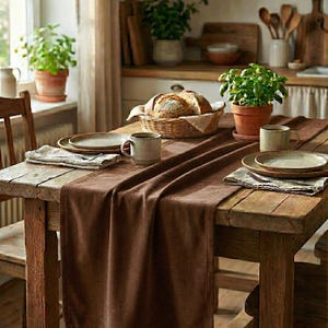 May include: A rustic wooden dining table set for a meal. A brown table runner is draped across the table, with plates, mugs, and a basket of bread. Potted plants and a window are in the background, creating a warm, inviting atmosphere.