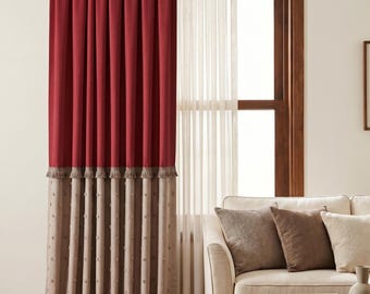 Deep Red Beige Linen Curtain | Hand Sewn Pom Pom Fringe Tassel Drape | Bold Color Block Custom Panel