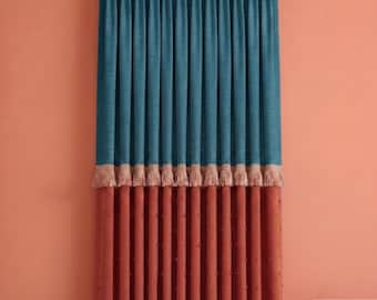Petrol Blue Terracotta Linen Curtain | Hand Sewn Pom Pom Tassel Boho Drape | Custom Size Color Block Panel