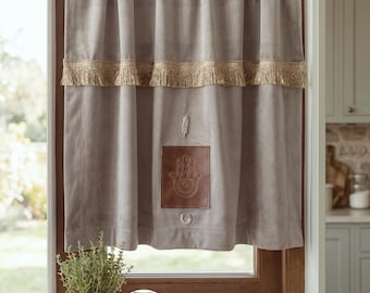 Evil Eye Silk Velvet Curtains with Hamsa, Silver Wheat, Horseshoe & Tassel Trim