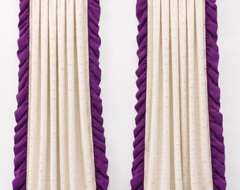 Custom Cream Linen Curtain with Purple Velvet Ruffles, Pom Pom Dots