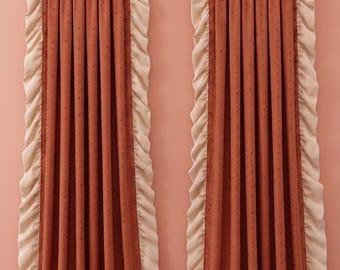 Terracotta Linen Curtain with Cream Velvet Ruffle Trim, Boho Cottagecore Window Panel