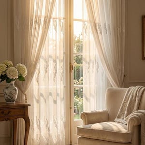 Tenda a pannello trasparente ricamata bianca, voile con foglie botaniche, dimensioni personalizzate, trattamento per finestre filtrante la luce