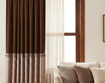 Chocolate Brown Beige Linen Curtain | Hand Sewn Pom Pom Fringe Drape | Warm Dark Color Block Custom Panel