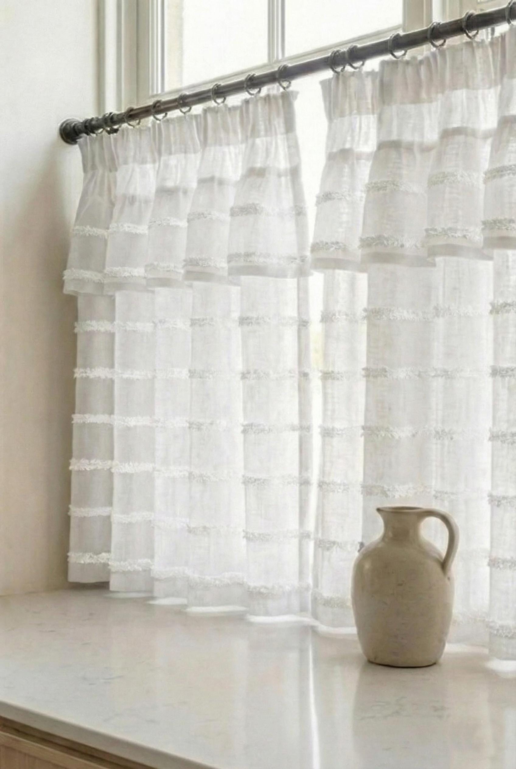 Rideaux Brise-Bise en Lin Transparent avec Bandes Texturées - Lin Infroissable, Rideau Court de Cuisine, Sur Mesure