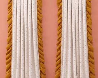 Mustard Velvet Ruffled Curtains, Cream Pom Pom Drapes, Custom Color Block Living Room Decor