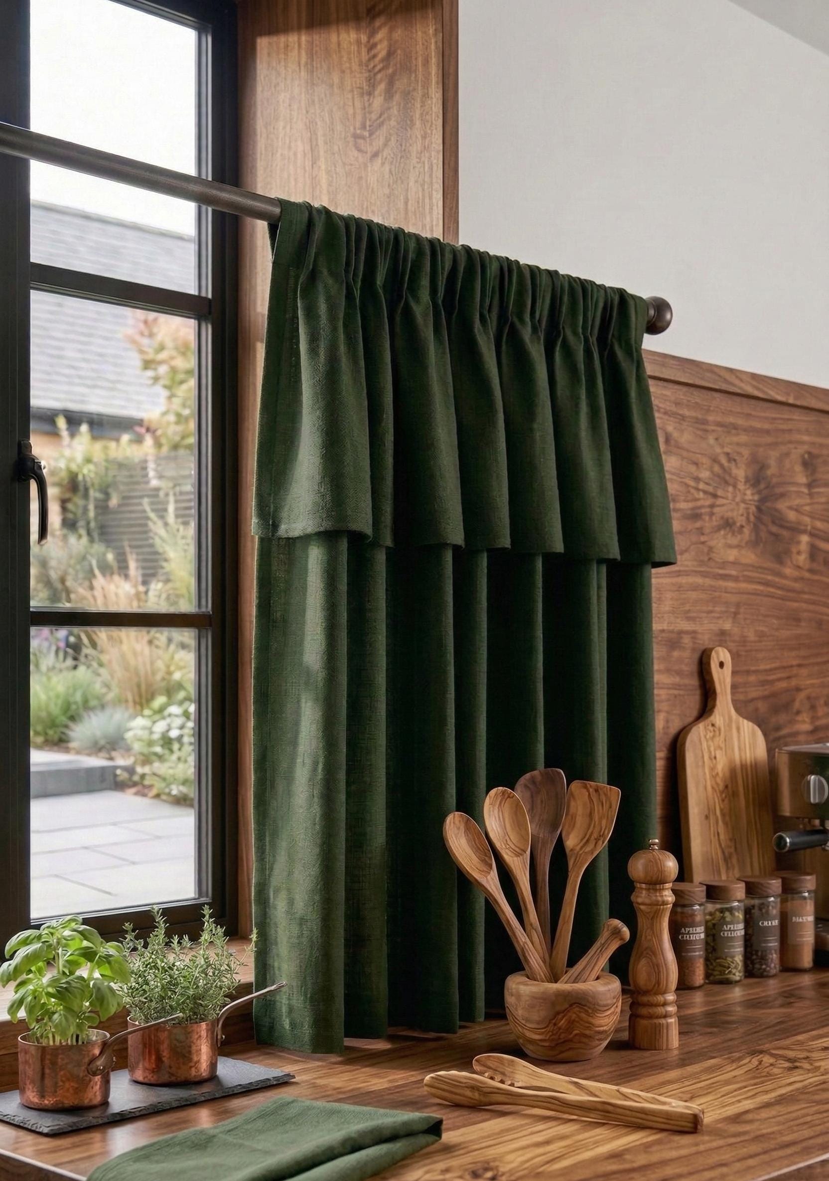 Rideaux brise-bise en lin vert forêt, rideau de cuisine avec valance intégrée, panneau court à passe-tringle