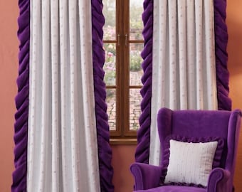 Cream Linen Curtain, Purple Velvet Ruffle Trim, Embroidered Rope Texture, Custom Drapes