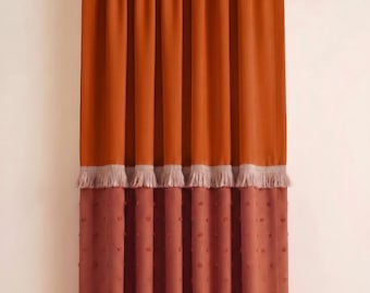 Terracotta Linen Curtain, Dark Rust Pom Pom Drapes, Boho Tassel Trim Custom Window Treatment, Artisan Pleated Color Block Curtains