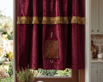 Red Velvet Kitchen Curtain with Evil Eye Hamsa and Tassel Trim