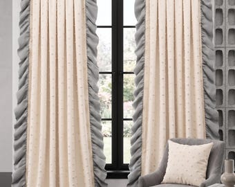 Cream Linen Pom Pom Curtains with Grey Velvet Ruffle Trim, Custom Drapes, Modern Farmhouse