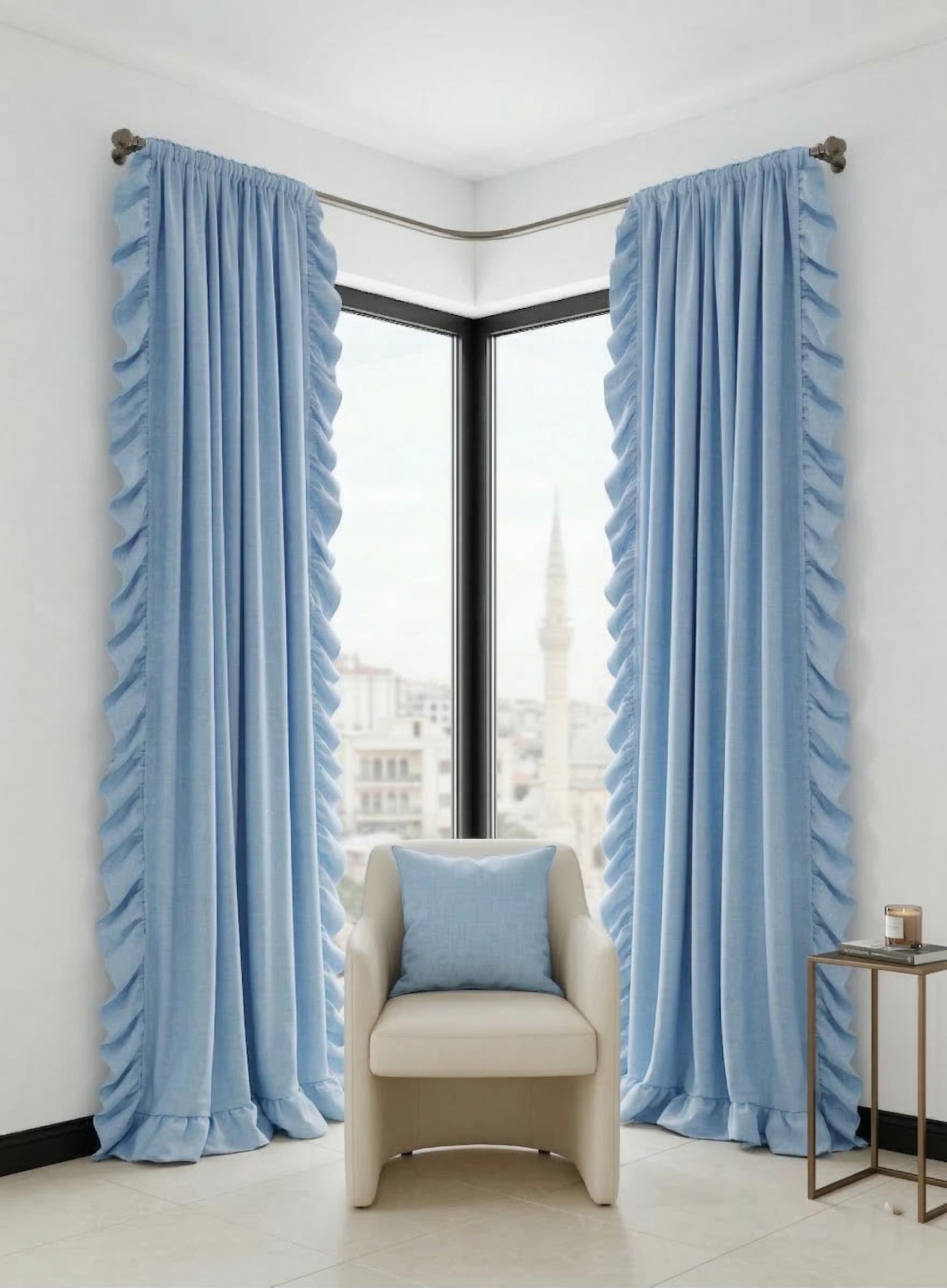 Baby Blue Ruffle Curtain Panel, Genuine 100% Linen, Romantic Farmhouse ...