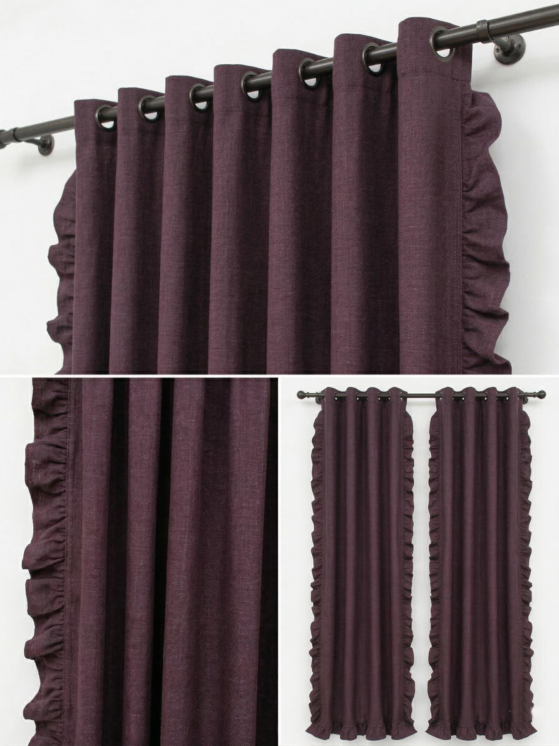 Plum Ruffle Curtain Panel, Genuine 100% Linen, Romantic Farmhouse ...