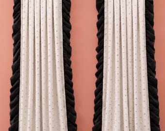 Custom Cream Linen Drapes with Black Velvet Ruffle Trim | Tufted Pom Pom Curtains