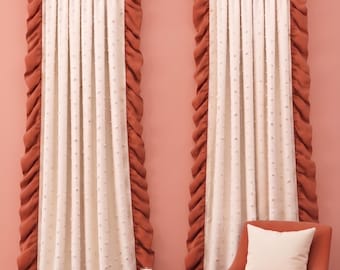 Cream Linen Curtains with Terracotta Velvet Ruffle Border, Boho Pom Pom Drapes