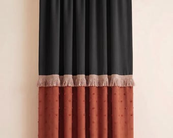 Black and Terracotta Linen Curtain, Hand Sewn Pom Pom Drapes, Tassel Trim Boho Curtain, Custom Window Treatment