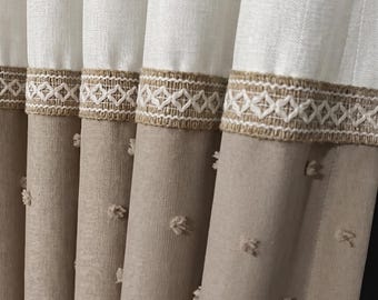Ivory Beige Linen Curtain with Jute Trim, Tufted Pom Pom Bottom, Custom Color Block Drapes, Organic Japandi Boho Window Panel