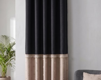 Black and Beige Linen Curtain | Jute Band Pom Pom Drape | Modern High Contrast Color Block Panel