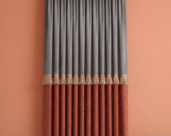 Slate Grey Terracotta Linen Curtain | Hand Sewn Pom Pom Fringe Drape