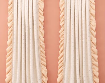 Handmade Linen Curtain Panel with Cream Pom Poms & Beige Velvet Ruffled Border