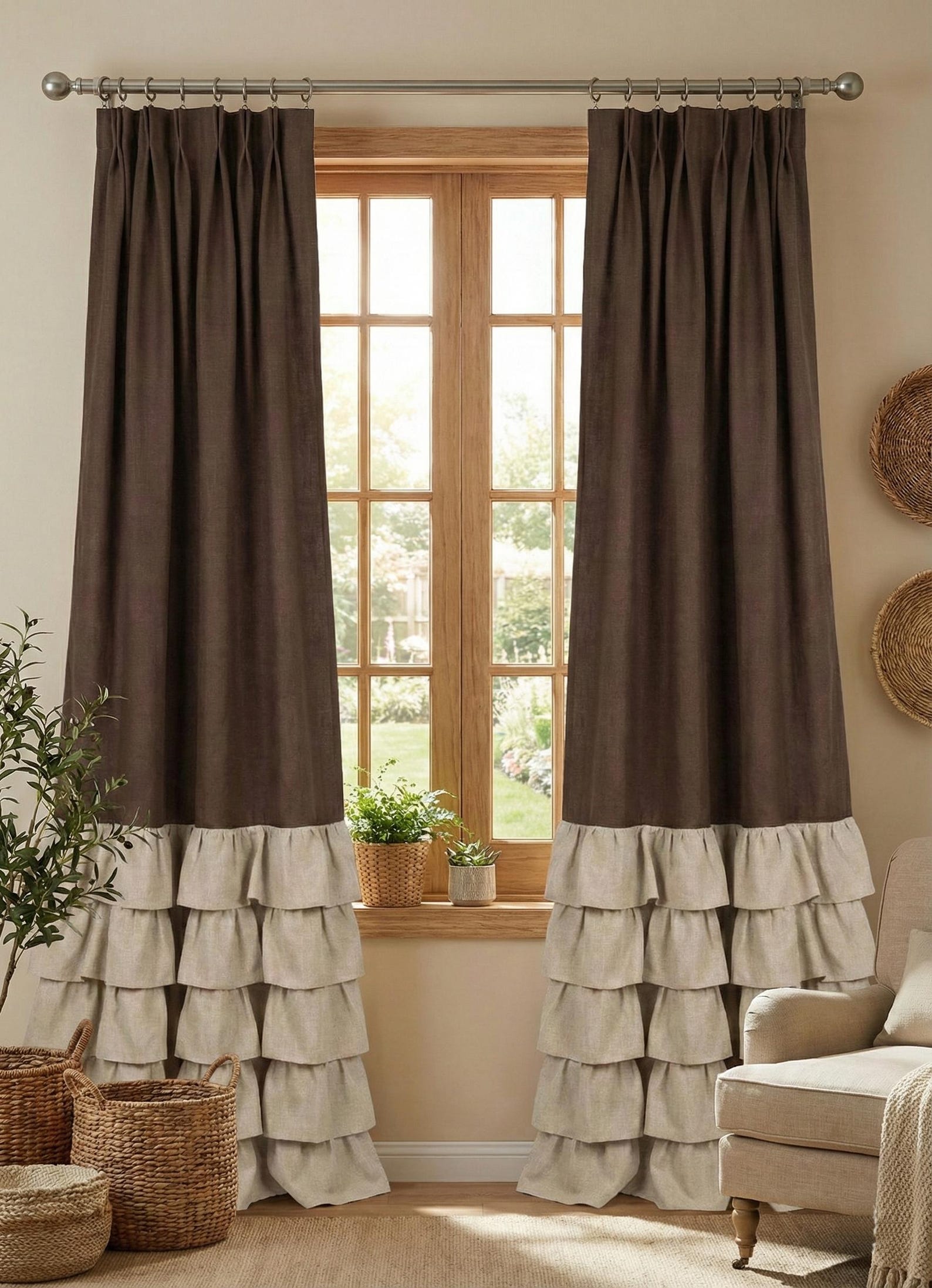 Custom Color Block Ruffled Curtains, Farmhouse Linen Drapes, Brown and ...