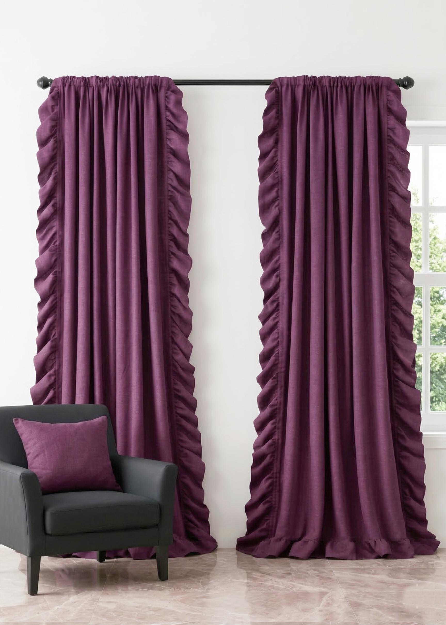 Plum Ruffle Curtain Panel, Genuine 100% Linen, Romantic Farmhouse ...