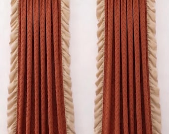 Tufted Zigzag Terracotta Linen Curtains with Cream Velvet Ruffles - Custom Made Chevron Drapes