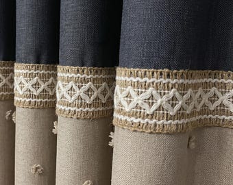 Charcoal Gray Beige Linen Curtain | Jute Band Pom Pom Drape | Boho Natural Fiber Color Block Panel