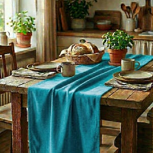 Può includere: Un tavolo rustico in legno è apparecchiato per un pasto, con un vivace runner turchese. Un cestino di pane, piatti, tazze e piante in vaso contribuiscono all'atmosfera accogliente e invitante. La scena evoca un'atmosfera calda e familiare in cucina.