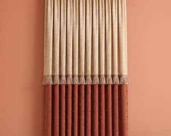Warm Beige Terracotta Linen Curtain | Hand Sewn Pom Pom Drape | Tassel Trim Color Block Boho Panel